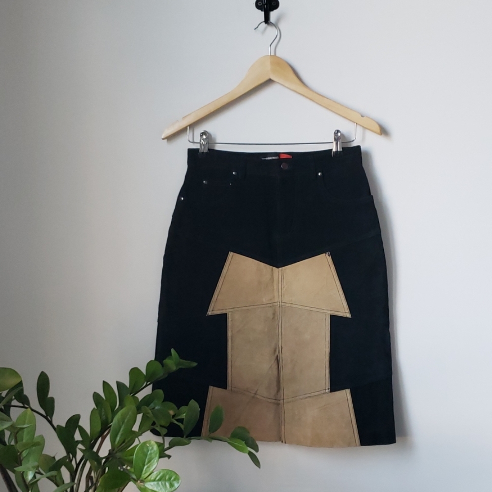 Black & Tan Seude 5 Pocket Button Fly Pencil Skirt